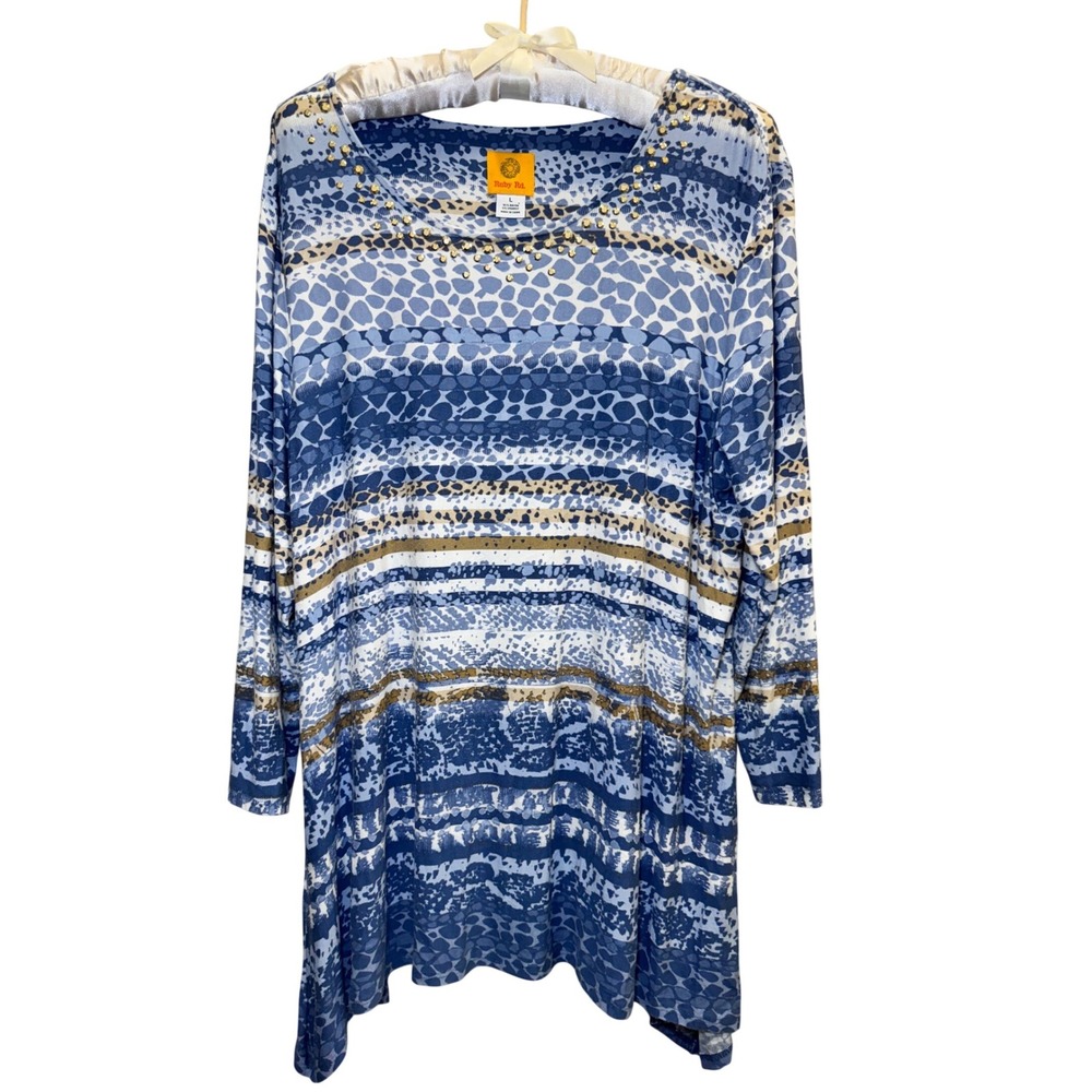 Ruby Rd Womens Blue Tan Animal Print Studded Sharkbite Hem Tunic Top Large